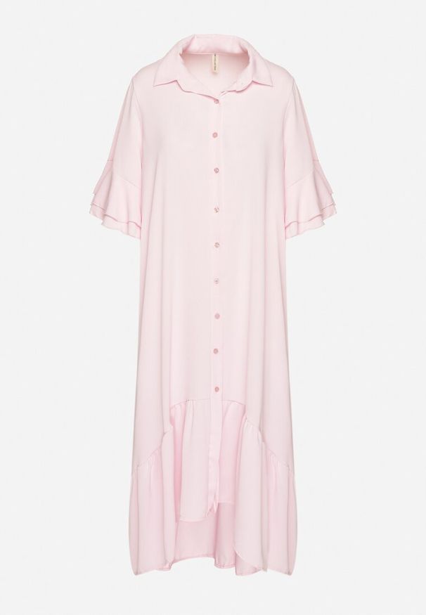 Born2be - Różowa Sukienka Koszulowa z Ozdobną Falbanką Daviravie. Okazja: na co dzień. Kolor: różowy. Typ sukienki: koszulowe. Styl: elegancki, casual, klasyczny