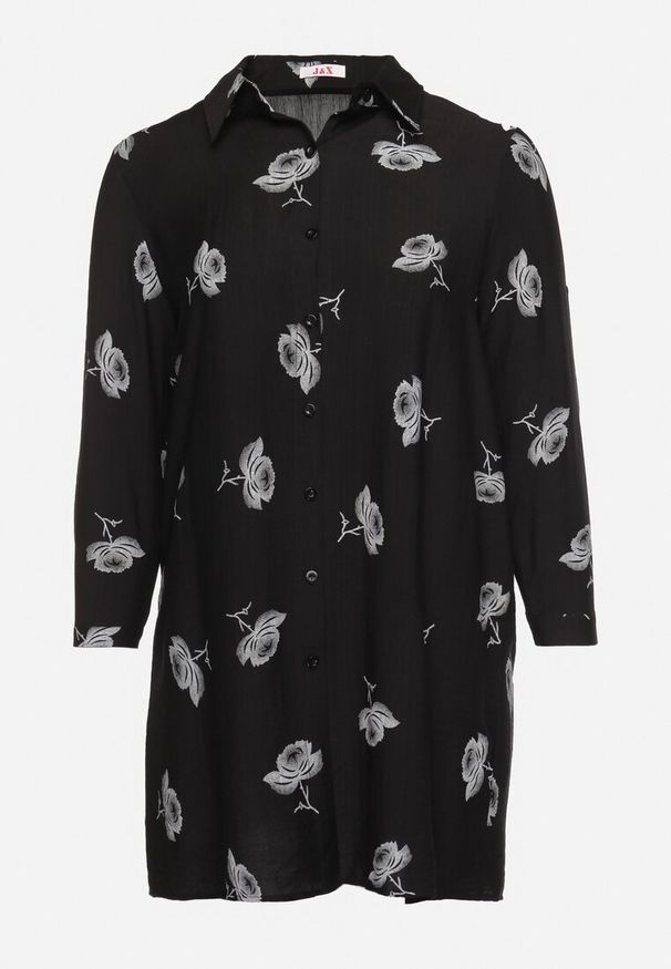 Born2be - Czarna Koszulowa Sukienka z Guzikami i Regulowanymi Rękawami Xatella. Kolekcja: plus size. Kolor: czarny. Wzór: kwiaty. Typ sukienki: koszulowe