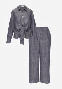 Born2be - Niebieski Komplet z Lnem i Wiskozą Szerokie Spodnie i Koszula z Wiązaniem Ravilith. Kolor: niebieski. Materiał: wiskoza, len #4