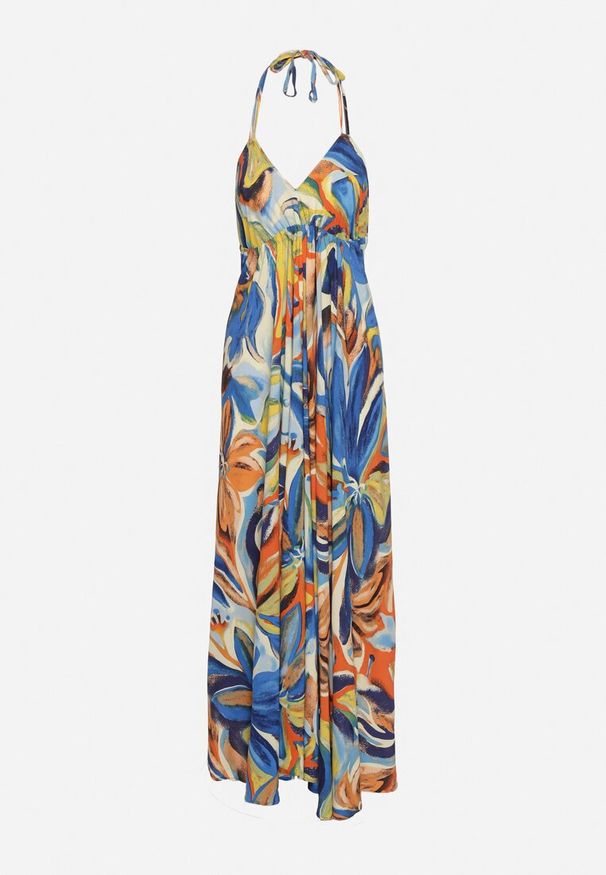 Born2be - Niebiesko-Żółta Rozkloszowana Sukienka z Wiskozy z Odcięciem pod Biustem Wiązana na Szyi i Plecach Nividia. Okazja: na co dzień. Kolor: niebieski. Materiał: wiskoza. Typ sukienki: proste, sportowe. Styl: casual, elegancki, sportowy, klasyczny