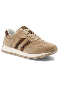 Sneakersy damskie S.Barski, cholewka ze skóry naturalnej zamszowej z tekstylnymi panelami kontrastowe wstawki boczne klasyczne sznurowanie profilowan. Okazja: na co dzień. Zapięcie: sznurówki. Kolor: beżowy. Materiał: zamsz, skóra. Szerokość cholewki: normalna. Wzór: motyw zwierzęcy #1