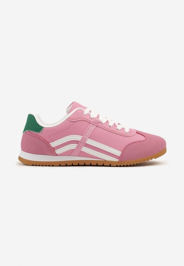 Born2be - Różowe Sneakersy w Stylu Kultowych Tenisówek z Ozdobnymi Przeszyciami Wendiva. Okazja: na co dzień. Zapięcie: sznurówki. Kolor: różowy. Materiał: jeans. Obcas: na obcasie. Wysokość obcasa: niski