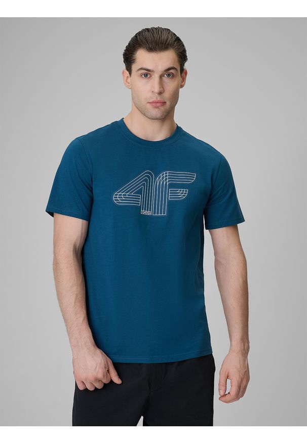 4f - 4F T-shirt regular z nadrukiem męski - turkusowy S. Okazja: na co dzień. Kolor: turkusowy. Materiał: jeans, bawełna, dresówka, dzianina. Wzór: nadruk. Styl: klasyczny, casual