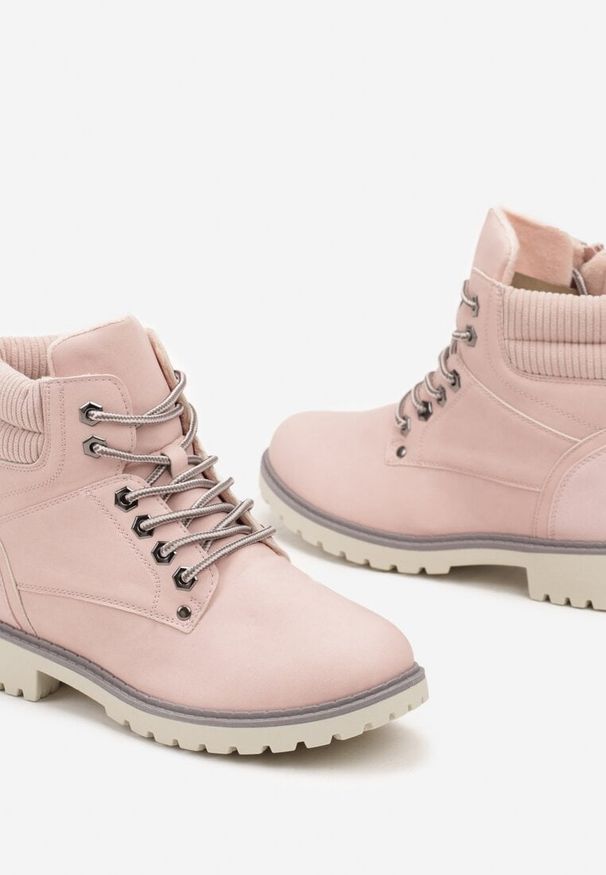 Born2be - Różowe Płaskie Klasyczne Traperki ze Sznurowaniem Lobanne. Kolor: różowy. Materiał: jeans, wełna. Sezon: zima, jesień. Styl: klasyczny