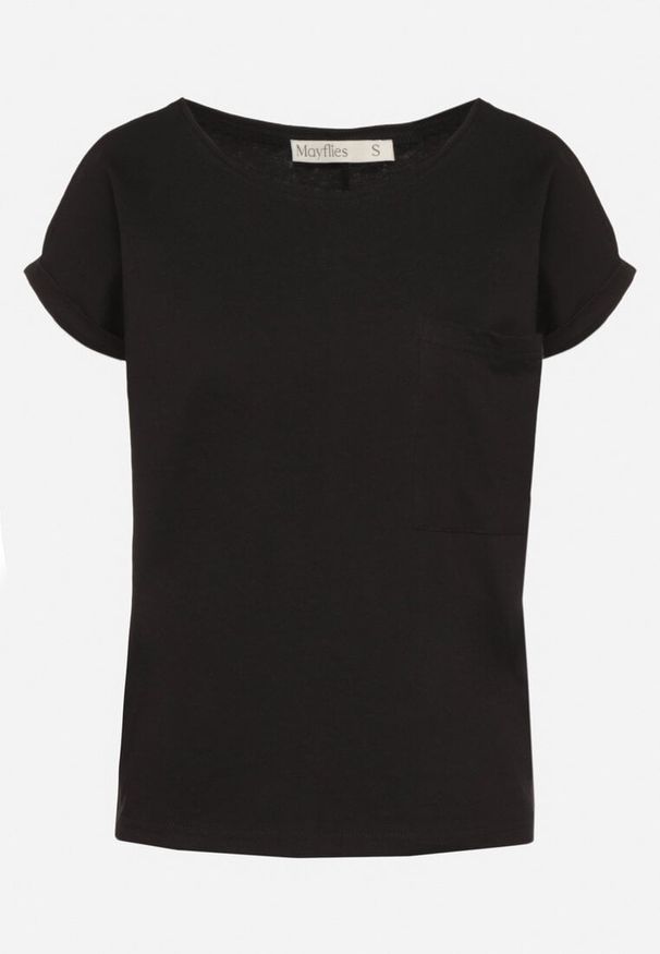 Born2be - Czarny T-shirt z Bawełny Ozdobiony Kieszonką Ziarene. Okazja: na co dzień. Kolor: czarny. Materiał: bawełna. Wzór: aplikacja. Styl: sportowy, casual