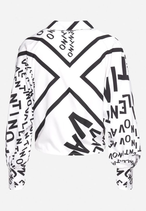 Born2be - Biała Koszula z Wiązaniem Ozdobiona Napisami Vikmira. Typ kołnierza: dekolt w kształcie V, kołnierzyk klasyczny. Kolor: biały. Materiał: bawełna. Długość rękawa: długi rękaw. Długość: długie. Wzór: napisy, aplikacja. Styl: elegancki, klasyczny