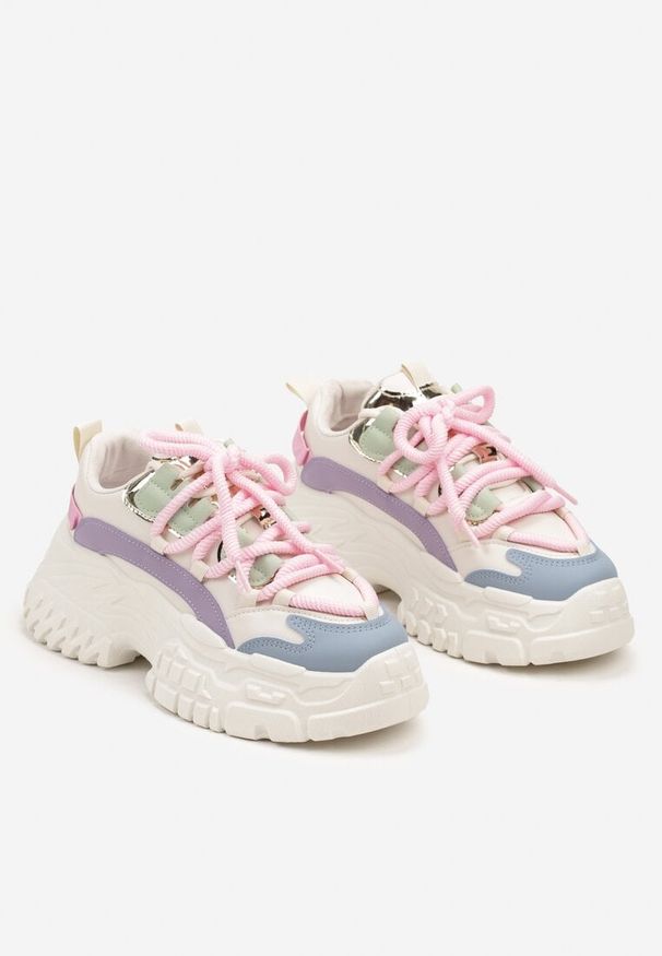 Born2be - Biało-Różowe Sneakersy na Grubej Tłoczonej Podeszwie z Podwójnym Sznurowaniem Glefida. Okazja: na co dzień. Kolor: biały