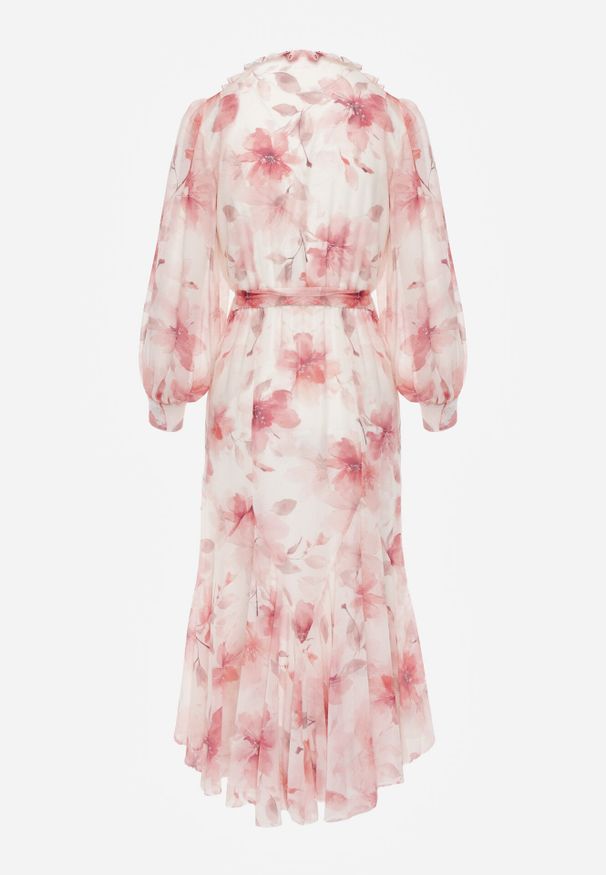 Born2be - Różowa Zwiewna Sukienka z Długim Rękawem Falbanami i Wiązanym Paskiem Aezera. Okazja: na co dzień, do pracy, na randkę. Kolor: różowy. Materiał: jeans, zamsz, poliester. Długość rękawa: długi rękaw. Typ sukienki: proste. Styl: casual, klasyczny, elegancki