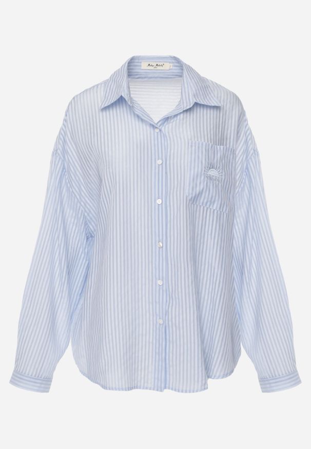 Born2be - Niebieska Koszula o Kroju Oversize z Tencelu w Paski Ozdobiona Haftem Tidine. Okazja: na co dzień, na spotkanie biznesowe, do pracy. Kolor: niebieski. Materiał: poliester, jeans. Wzór: aplikacja, haft, paski. Styl: casual, biznesowy