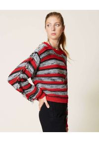 TwinSet - TWINSET - Sweter w paski z frędzlami. Kolor: szary. Materiał: prążkowany. Długość rękawa: długi rękaw. Długość: długie. Wzór: paski #6