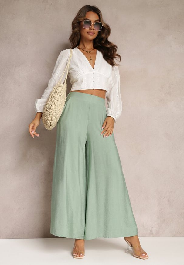 Renee - Zielone Luźne Spodnie z Szeroką Nogawką i Kieszeniami Cordya. Kolor: zielony. Długość: długie