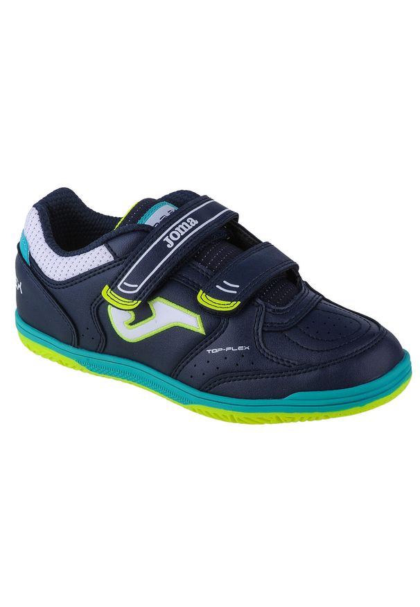 Buty piłkarskie dla dzieci Joma Top Flex Jr 2303 Indoor. Zapięcie: rzepy. Kolor: niebieski, żółty, wielokolorowy. Materiał: skóra, syntetyk, materiał. Szerokość cholewki: normalna. Sport: piłka nożna