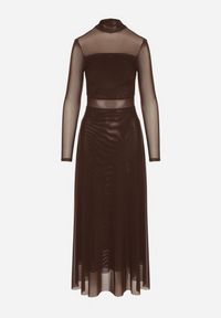 Born2be - Brązowa Siateczkowa Sukienka Rozkloszowana Longsleeve z Domieszką Wiskozy Eprela. Okazja: na randkę. Kolor: brązowy. Materiał: wiskoza. Długość rękawa: długi rękaw. Typ sukienki: rozkloszowane. Styl: klasyczny #2