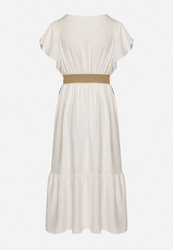 Born2be - Biało-Niebieska Wiskozowa Sukienka z Paskiem w Ornamentny Wzór Nilorine. Okazja: na co dzień, na spacer. Kolor: niebieski. Materiał: wiskoza. Typ sukienki: kopertowe. Styl: klasyczny, casual, elegancki