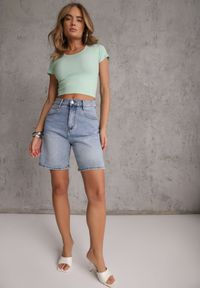 Renee - Jasnozielony Krótki T-shirt Basic z Okrągłym Dekoltem Gresalor. Okazja: na co dzień. Kolor: zielony. Materiał: jeans, zamsz. Długość: krótkie. Styl: klasyczny, casual #8