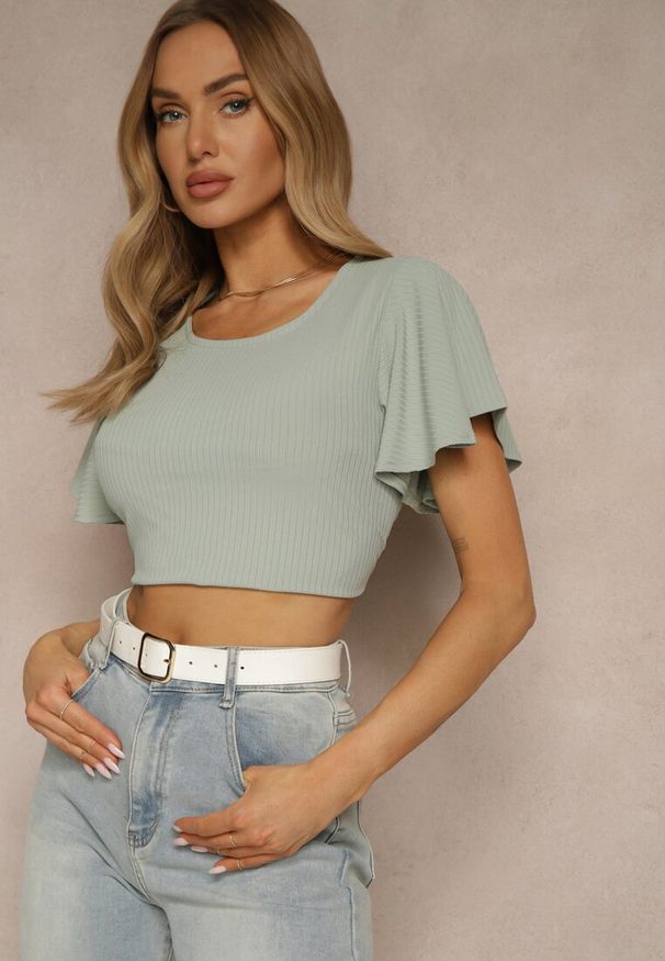 Renee - jasnozielona Bluzka z Rozkloszowanymi Rękawami Sunelva. Okazja: na co dzień. Kolor: zielony. Materiał: jeans. Styl: elegancki, casual