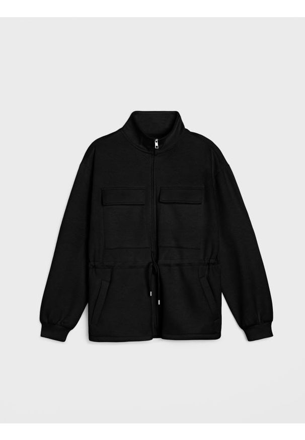 Sinsay - Rozpinana bluza ze stójką z dodatkiem wiskozy "soft touch" - czarny. Typ kołnierza: kołnierzyk stójkowy. Kolor: czarny. Materiał: wiskoza