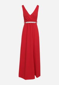 Born2be - Bordowa Sukienka Rozkloszowana Maxi z Paskiem w Cyrkonie i Wycięciem Neorise. Kolor: czerwony. Materiał: materiał. Wzór: aplikacja. Długość: maxi #7