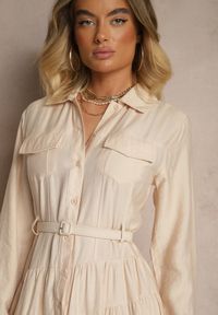 Renee - Beżowa Rozkloszowana Sukienka z Wiskozy z Guzikami i Paskiem Ronesa. Okazja: na co dzień. Kolor: beżowy. Materiał: wiskoza. Typ sukienki: proste. Styl: elegancki, casual #5