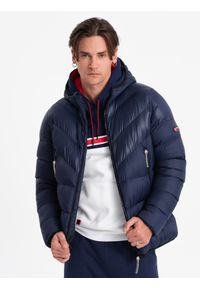 Ombre Clothing - Nowoczesna pikowana męska kurtka z łączonych materiałów – granatowa V2 - Rozmiar: XXL. Typ kołnierza: kołnierzyk stójkowy. Kolor: niebieski. Materiał: materiał. Długość: długie #6
