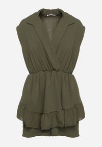 Born2be - Ciemnozielony Krótki Kombinezon z Falbankami i Kołnierzykiem Laravia. Kolor: zielony. Długość: krótkie. Styl: wizytowy, elegancki #5