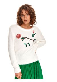TOP SECRET - Sweter długi rękaw damski akrylowy dopasowany. Kolor: biały. Materiał: akryl. Długość rękawa: długi rękaw. Długość: długie. Wzór: nadruk, kwiaty. Sezon: jesień #1