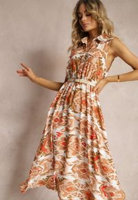 Renee - Beżowa Rozkloszowana Sukienka z Ozdobnymi Naszyciami na Dekolcie w Abstrakcyjni Print Flubia. Okazja: na imprezę. Kolor: beżowy. Materiał: skóra. Wzór: aplikacja, nadruk. Styl: elegancki #3