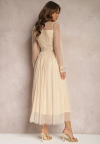 Renee - Beżowa Siateczkowa Sukienka Maxi o Rozkloszowanym Kroju z Ozdobną Koronką Narile. Kolor: beżowy. Materiał: koronka. Wzór: koronka. Styl: elegancki. Długość: maxi #4