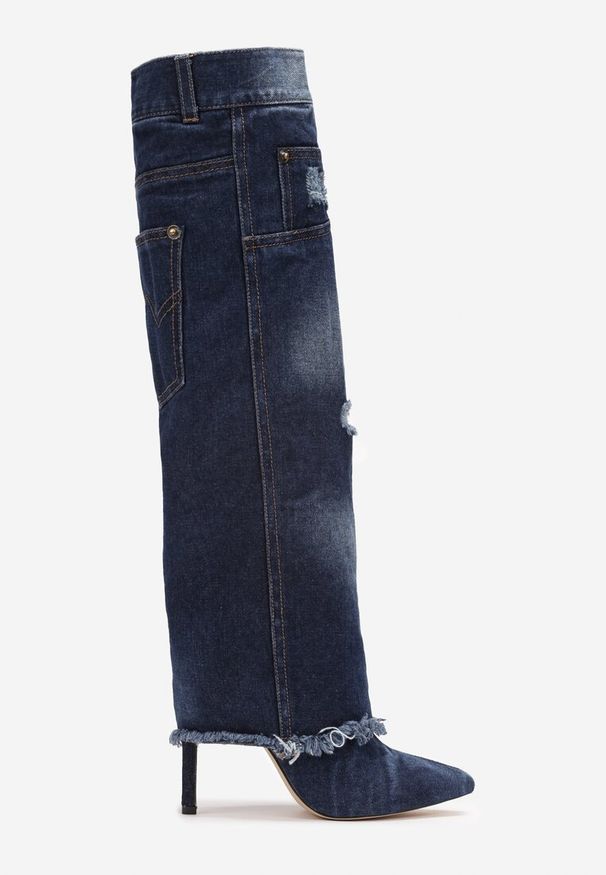 Renee - Niebieskie Kozaki Na Szpilce z Jeansu Ozdobione Przetarciami i Dziurami Cikase. Kolor: niebieski. Materiał: jeans. Szerokość cholewki: normalna. Wzór: aplikacja. Obcas: na szpilce