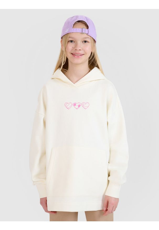 4f - 4F Bluza dresowa nierozpinana z kapturem dziewczęca - biała 158 (12-13 lat). Okazja: na co dzień. Typ kołnierza: kaptur. Kolor: biały. Materiał: dresówka. Wzór: nadruk, ze splotem, gładki. Sezon: lato. Styl: casual, sportowy