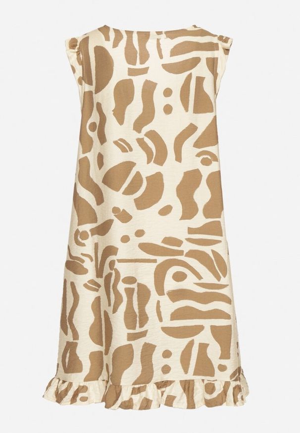 Born2be - Beżowa Sukienka o Rozkloszowanym Kroju z Dekoltem w Serek w Abstrakcyjny Wzór Mevondra. Okazja: na co dzień. Typ kołnierza: dekolt w serek. Kolor: beżowy. Materiał: jeans, skóra. Długość rękawa: bez rękawów. Styl: casual, elegancki