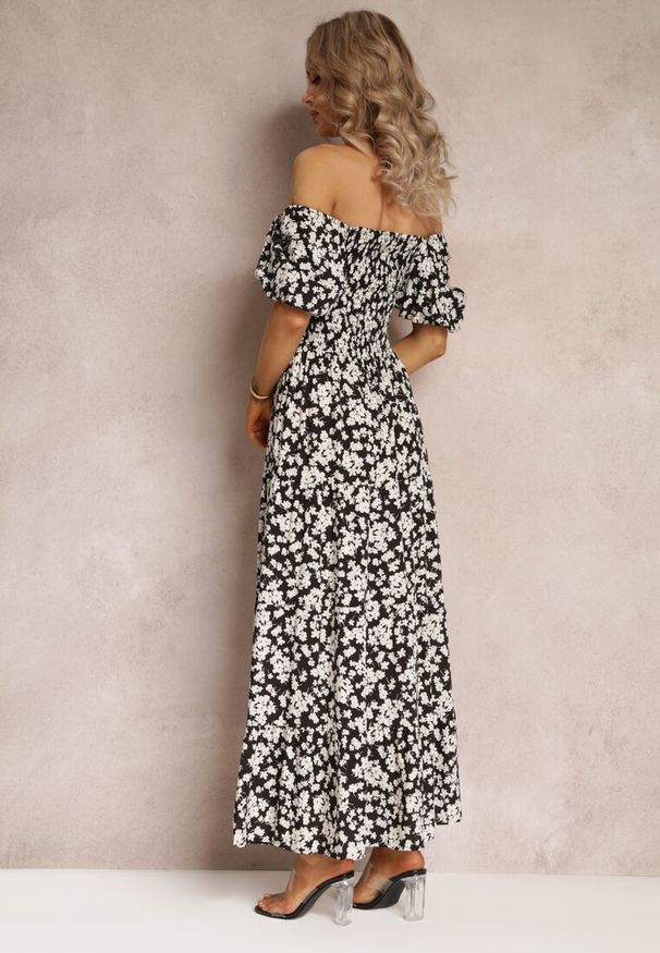 Renee - Czarna Trapezowa Sukienka Bawełniana w Kwiaty Cresenia. Kolor: czarny. Materiał: bawełna. Długość rękawa: krótki rękaw. Wzór: kwiaty. Typ sukienki: trapezowe