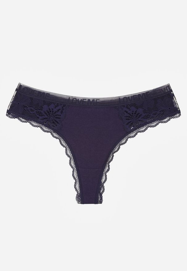 Born2be - Granatowe Majtki Stringi z Subtelną Koronką z Bawełną Adriedah. Kolor: niebieski. Materiał: koronka, bawełna. Wzór: koronka