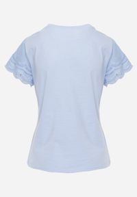 Born2be - Niebieski Bawełniany T-shirt z Koronkowymi Rękawami Carilynore. Okazja: na co dzień. Kolor: niebieski. Materiał: bawełna, koronka. Styl: elegancki, klasyczny, casual #4