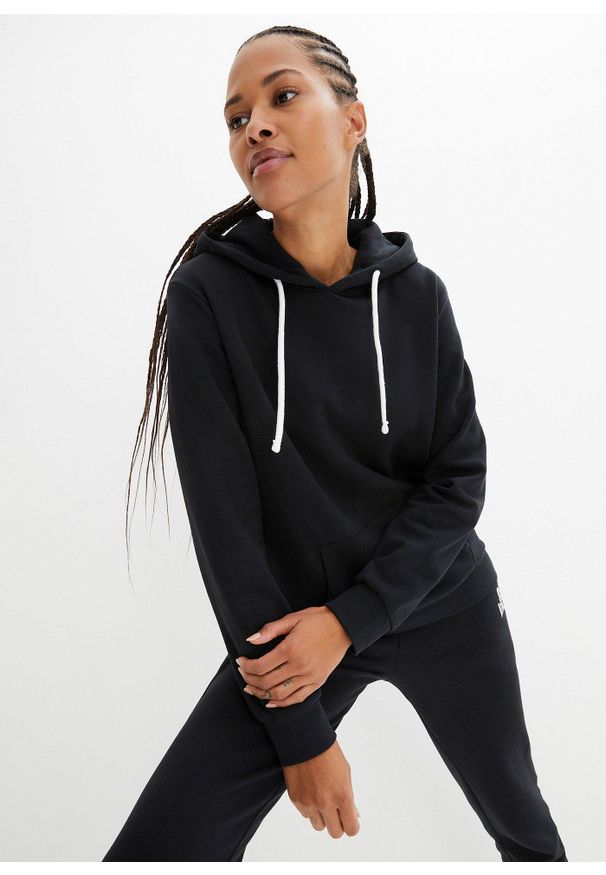 bonprix - Dres sportowy z bawełną (2 części). Kolor: czarny. Materiał: bawełna, dresówka. Styl: sportowy