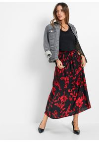 bonprix - Spódnica maxi z wiskozy z wygodnym ściągaczem w talii z wiązanym paskiem. Kolor: czarny. Materiał: wiskoza. Wzór: nadruk #3