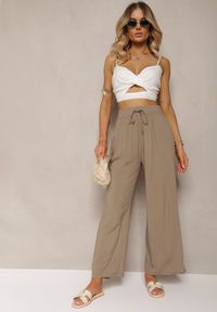Renee - Ciemnobeżowe Bawełniane Spodnie Palazzo High Waist z Gumką w Pasie Gitanea. Okazja: na co dzień. Stan: podwyższony. Kolor: beżowy. Materiał: bawełna. Styl: elegancki, casual