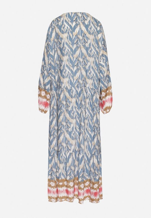 Born2be - Niebieska Sukienka Rozkloszowana z Ozdobnym Wiązaniem w Boho Wzór Erainea. Okazja: na co dzień. Typ kołnierza: dekolt w kształcie V. Kolor: niebieski. Materiał: jeans. Długość rękawa: długi rękaw. Wzór: aplikacja. Typ sukienki: proste, rozkloszowane. Styl: boho