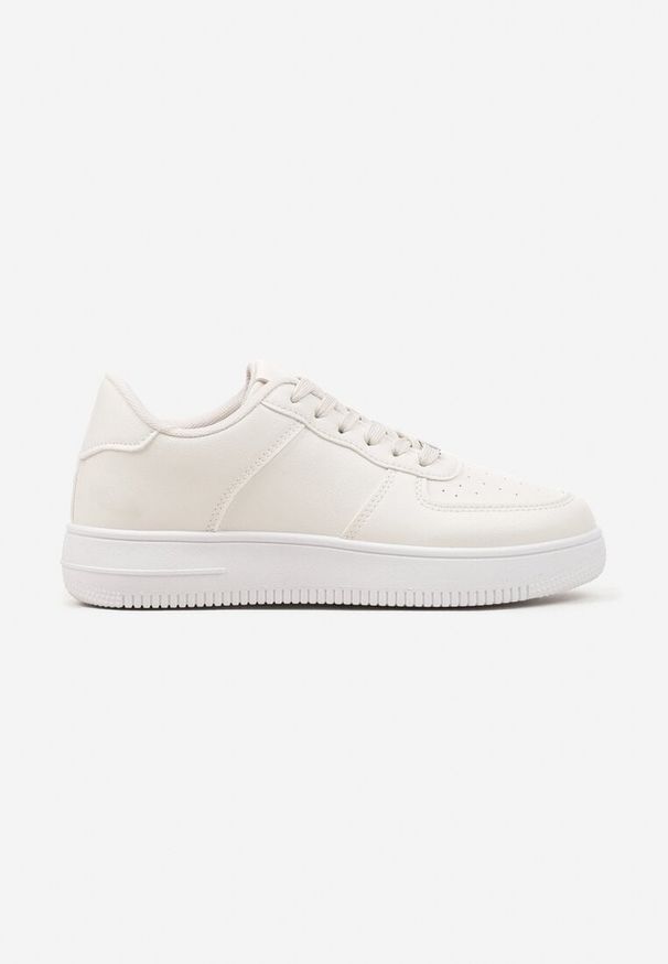 Renee - Beżowe Sznurowane Sneakersy Ozdobione Perforacją Ellemisa. Okazja: na co dzień, na spotkanie biznesowe. Kolor: beżowy. Materiał: jeans, materiał. Wzór: aplikacja