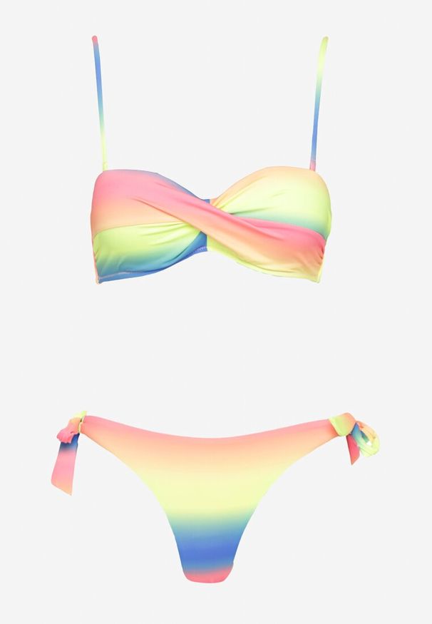 Renee - Niebiesko-Żółte Bikini Majtki Typu Figi i Biustonosz z Marszczeniem w Geometryczny Wzór Kinnira. Kolor: niebieski. Wzór: geometria