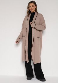 Born2be - Beżowy Długi Niezapinany Kardigan Ozdobiony Lamówką Veritusa. Okazja: na co dzień. Kolor: beżowy. Materiał: jeans. Długość: długie. Wzór: aplikacja. Styl: klasyczny, casual #4