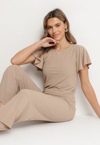 Born2be - Ciemnobeżowe Prążkowane Spodnie Szerokie z Gumką w Pasie Drasia. Kolor: beżowy. Materiał: prążkowany #3