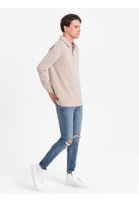 Ombre Clothing - Bluza męska z kołnierzykiem polo ze strukturalnej dzianiny - beżowa V2 - Rozmiar: XXL. Typ kołnierza: polo. Kolor: beżowy. Materiał: dzianina #4