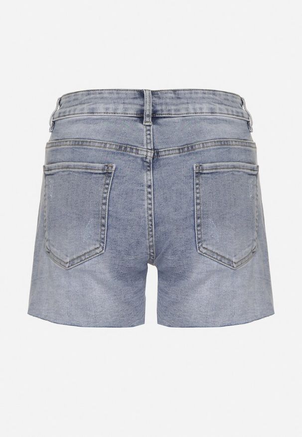 Born2be - Niebieskie Szorty Jeansowe z Wysokim Stanem Zdobione Cyrkoniami Uladora. Okazja: na co dzień, na imprezę, na plażę. Stan: podwyższony. Kolor: niebieski. Materiał: jeans. Wzór: aplikacja. Sezon: lato. Styl: elegancki, casual