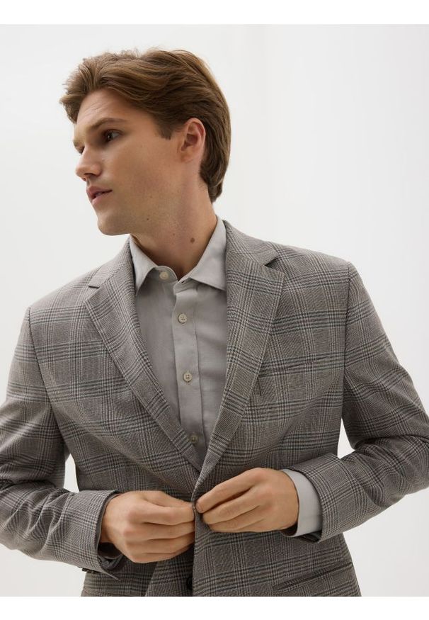 Reserved - Marynarka slim fit w kratę - brązowy. Kolor: brązowy. Materiał: wiskoza, tkanina