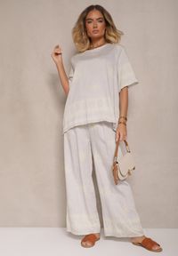 Renee - Jasnoszary Komplet Oversize z Bluzką i Luźnymi Spodniami w Stylu Boho Ronivara. Kolor: szary. Wzór: aplikacja #4