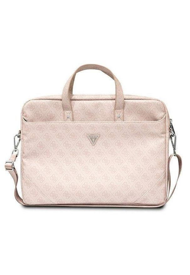 Guess Saffiano 4G Triangle Logo Computer Bag 16” różowy. Kolor: różowy. Materiał: skóra ekologiczna, materiał. Wzór: aplikacja. Styl: elegancki