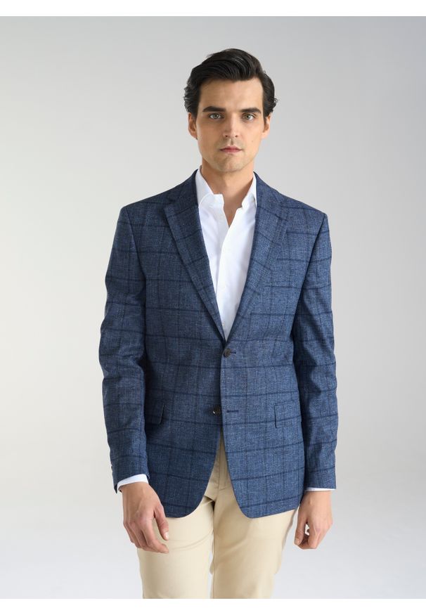 Pako Lorente - PAKO LORENTE – Granatowa marynarka męska w kratkę. Okazja: na co dzień. Kolor: niebieski. Materiał: wełna, bawełna, len. Wzór: kratka. Styl: casual, elegancki, sportowy