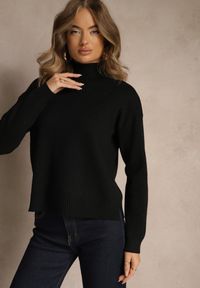 Renee - Czarny Gładki Golf Casual Raliana. Okazja: na co dzień. Typ kołnierza: golf. Kolor: czarny. Materiał: skóra, jeans. Długość rękawa: długi rękaw. Długość: długie. Wzór: gładki. Styl: casual #3