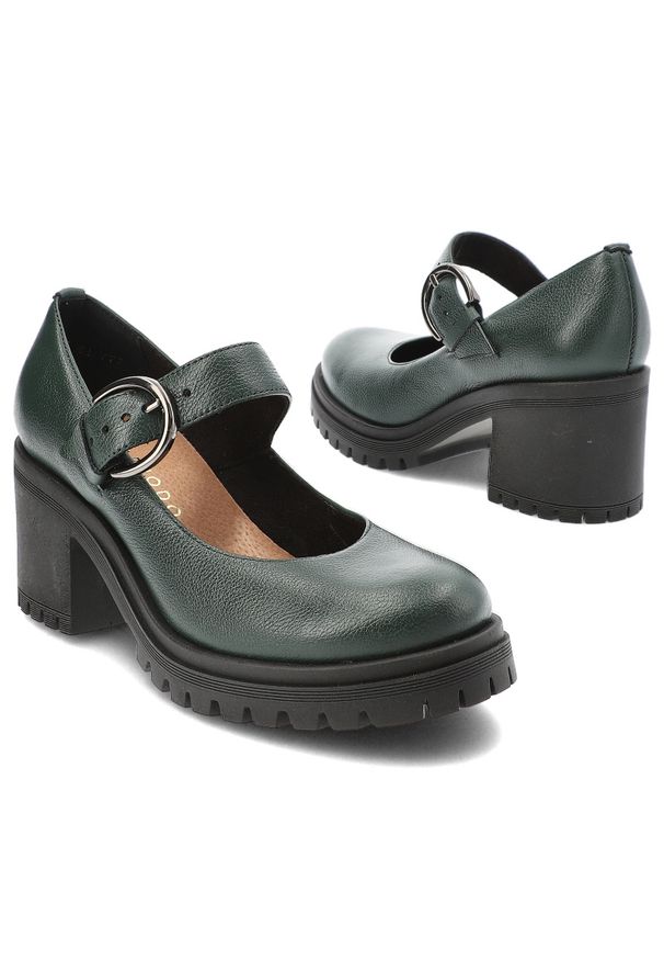 Zielone Półbuty Armodo Eleganckie Obuwie Damskie Na Obcasie. Okazja: na co dzień. Zapięcie: klamry. Kolor: zielony. Materiał: skóra. Obcas: na obcasie. Styl: elegancki. Wysokość obcasa: średni